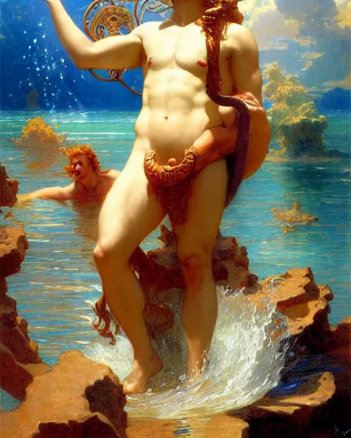 Image similar to attractive god neptune speaking with the aquatic life, painting by gaston bussiere, craig mullins, j. c. leyendecker,
