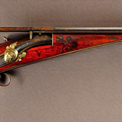 Image similar to an antique double - barreled shotgun made from glossy red - painted wood and elements of gold metalwork