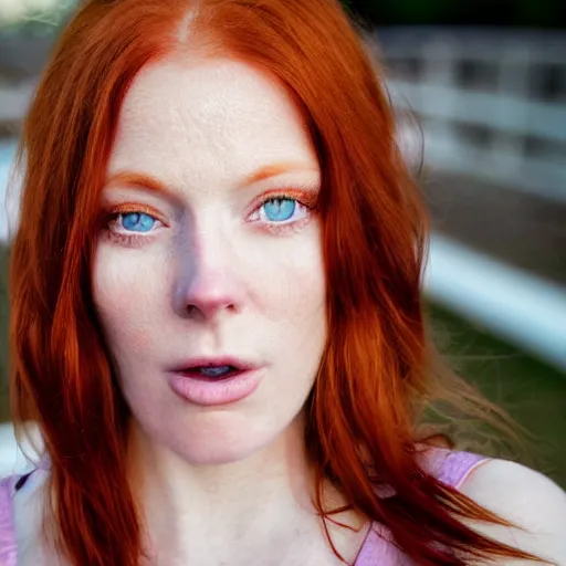 Image similar to close up portrait photo of the left side of the face of a redhead woman with blue eyes and big black round pupils who looks directly at the camera. Slightly open mouth, face covers half of the frame, with a park visible in the background. 135mm nikon. Intricate. Very detailed 8k. Sharp. Cinematic post-processing. Award winning photography, steve mccurry