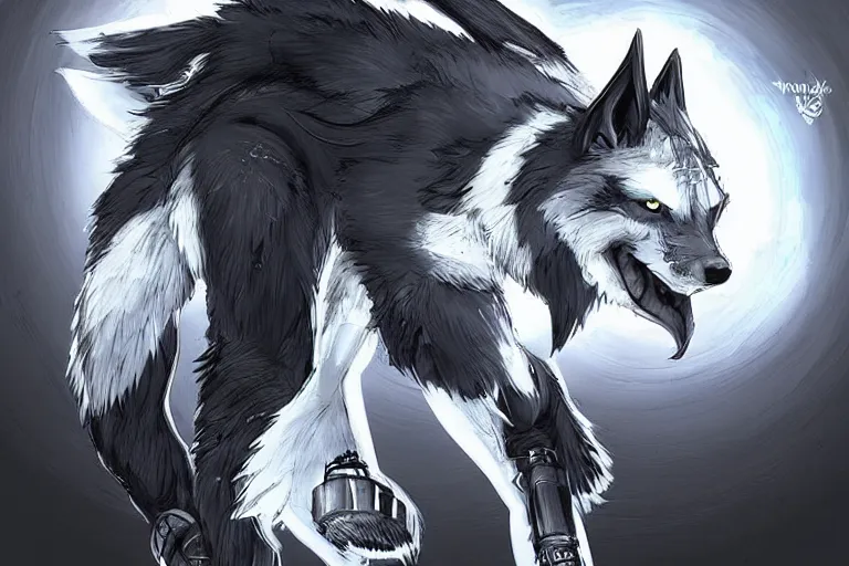 Prompt: a cyberpunk anthropomorphic wolf with a fluffy tail, comic art, trending on furaffinity, cartoon, kawaii, backlighting, furry art!!!, black and white, concept art