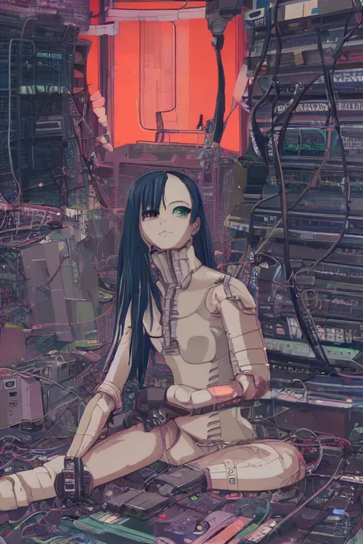 cyberpunk anime style illustration of an android girl