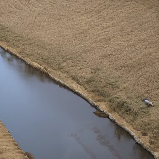 Prompt: landscape, river made of karak, with cows grazing