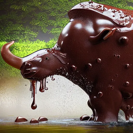 Prompt: A waterfall of liquid chocolate falling into the mouth of an enraged cyborg water buffalo, realistic, detailed, photograph