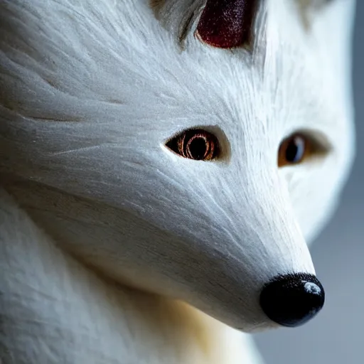 Image similar to close - up shot of a wooden handmade doll of a white fox, highly detailed, sharp focus, promo photo, by shaun tan,