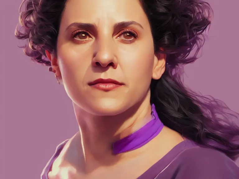 Image similar to portrait of elaine benes from seinfeld, rule of thirds, violet gradient, photorealistic facial features, league of legends splash art, by chengwei pan, huang guangjian, viktoria gavrilenko, artgerm, greg rutkowski, 8 k, octane, digital painting, artstation