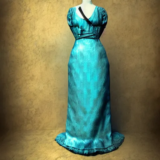 Image similar to victorian era turquoise dress on a manikin, trafalgar dress shop, ambient lighting, cinematic quality, high octane, vray render, subsurface scatter, drum scanner intricate complexity, golden ratio, kojima, amano, charlie bowater museum piece, fine art