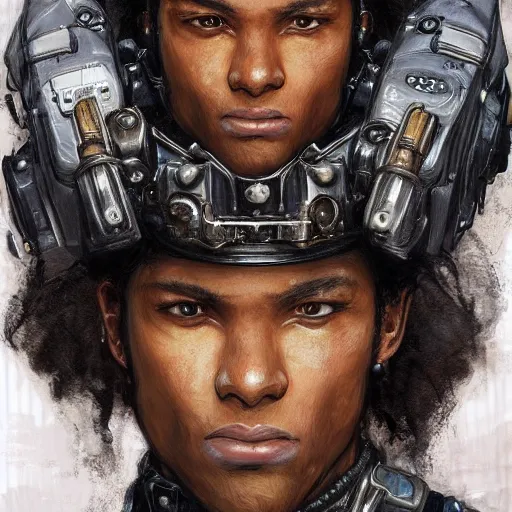 Image similar to portrait of a man by ayami kojima, afroamerican, he is about 2 0 years old, short black hair, annoyed older brother vibes, he is wearing a steampunk tactical gear, highly detailed portrait, digital painting, artstation, concept art, smooth, sharp foccus ilustration, artstation hq