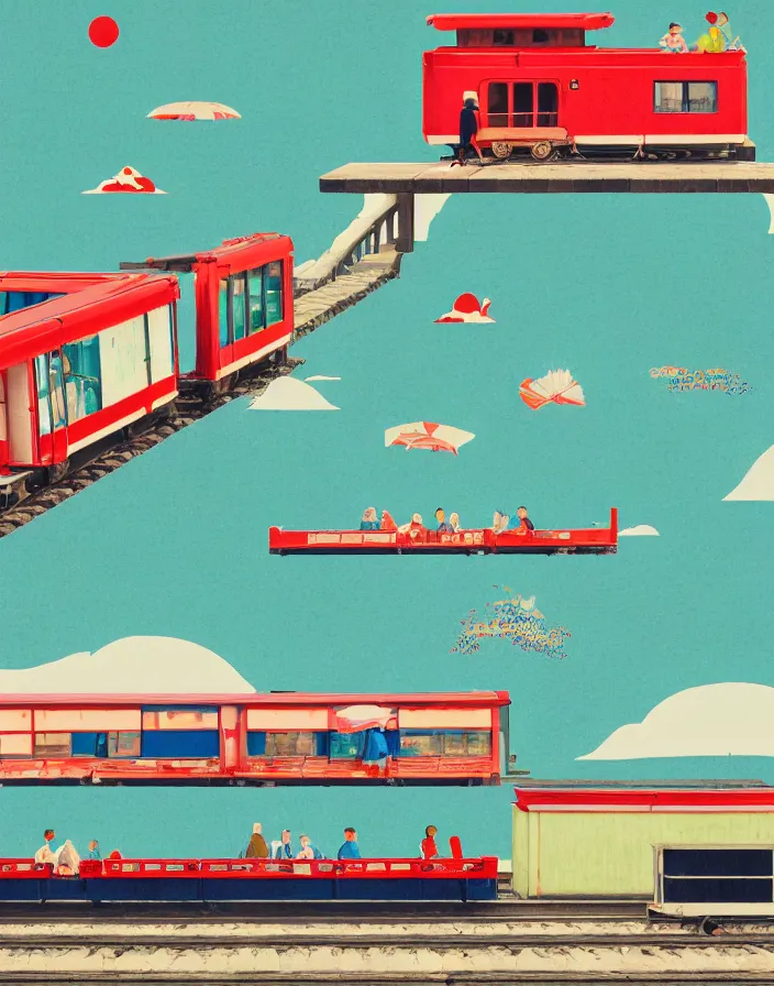 Image similar to seaside tail train rural japan, a collage painting, in the style of wes anderson, lola dupre, david hockney, isolated on negative white space background dark monochrome fluorescent spraypaint accents volumetric octane render, not double decker