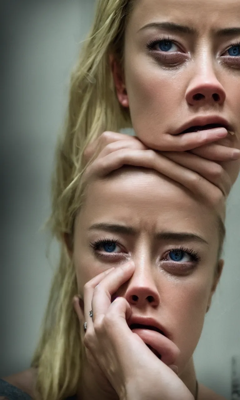 Image similar to amber heard crying hard alone inside a prison, ultra realistic, 8 k, portrait photography