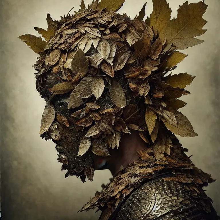 Image similar to old tintype photo of a wonderful realistic armour made of leaves, dramatic light, dystopian environment, intricate, elegant, highly detailed, centered headdress, no face, artstation, concept art, sharp focus, artgerm, tomasz alen kopera, peter mohrbacher, donato giancola, joseph christian leyendecker, wlop, boris vallejo