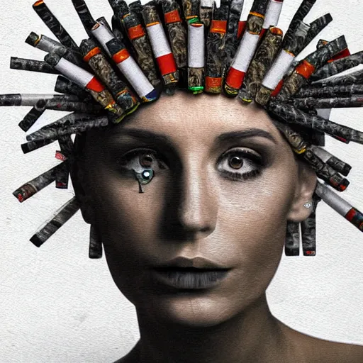 Image similar to full body potrait of a woman. woman is wearing a crown made of cigarettes. Woman is wearing a skull mask. Smoke effects forms question mark. Digital painting. Art station. Mood lighting. - h 1200