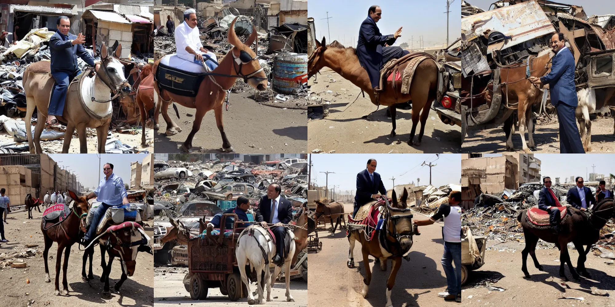 Prompt: president Sisi of egypt riding a mule through a junkyard