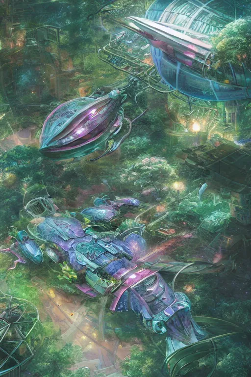 Image similar to aerial view of a multi level spaceship botanical garden in space, by artgerm, tom bagshaw, gerald brom, vaporwave colors, lo - fi colors, vaporwave, lo - fi, moody vibe, goth vibe, full body, rendered by substance designer, cel shading, toon shading, smooth,