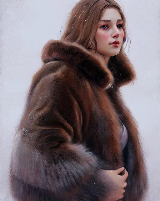 Image similar to a beautiful siberian girl with bear fur coat with beautiful decollete | | winter, realistic shaded, unpleasant face, bad looking, fine details, realistic shaded lighting poster by greg rutkowski, magali villeneuve, artgerm, jeremy lipkin and michael garmash and rob rey