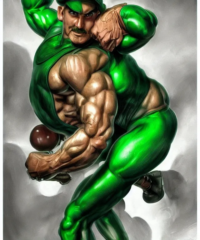 Image similar to muscular luigi wearing a green jumpsuit pumping iron in a dingy gym by ilya kuvshinov, bodybuilder ernest khalimov, super mario bros symmetrical face concept art, hyper realistic, intricate, elegent, highly detailed, digital painting, concept art, smooth, sharp, focus, illustration, art by artgerm and greg rutkowski and alphonse mucha, artstation