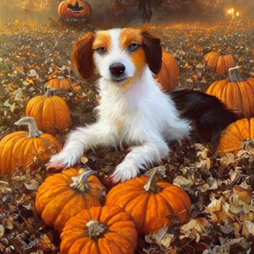 Image similar to a very cute scruffy long haired jack russell terrier puppy, white with chocolate brown spots and a brown patch over both eyes, amidst piles of pumpkins. halloween autumn fall art. beautiful painting by artgerm and greg rutkowski and alphonse mucha