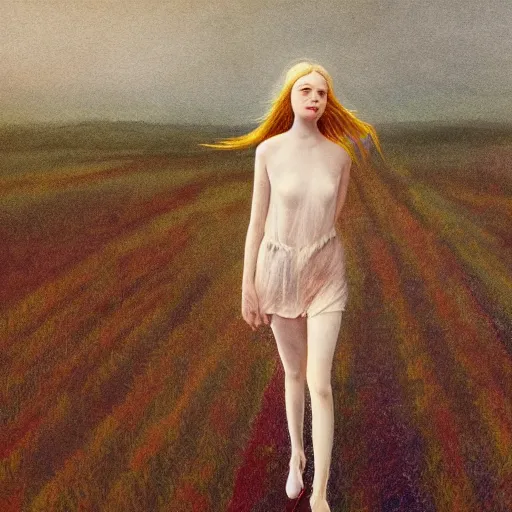 Image similar to Elle Fanning in the painted world of Hell, head and shoulders masterpiece, apocalypse, golden hour, cosmic horror, artstation, in the style of Andrew Wyeth and Edward Hopper and Bosch, extremely detailed