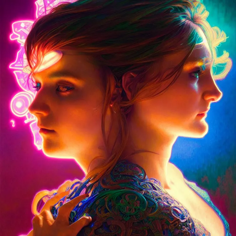 Image similar to bright asthetic portrait LSD glowing backlit, fantasy, intricate, elegant, dramatic lighting, highly detailed, lifelike, photorealistic, digital painting, artstation, illustration, concept art, smooth, sharp focus, art by John Collier and Albert Aublet and Krenz Cushart and Artem Demura and Alphonse Mucha