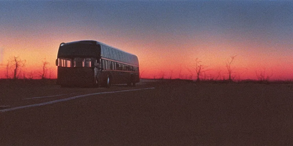 Image similar to an infinitely long greyhound bus never ending, sunset, eerie vibe, leica, 2 4 mm lens, cinematic screenshot from the 2 0 0 1 surrealist film directed by charlie kaufman, kodak color film stock, f / 2 2, 2 4 mm wide angle anamorphic