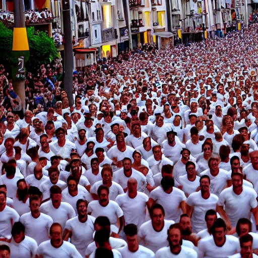 Prompt: the running of the screaming bob ross in pamplona spain