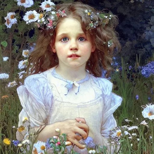 Image similar to a cute little girl with curly light brown hair and blue eyes in a garden, beautiful highly detailed face, stunning painting by beatrix potter and greg rutkowski and alphonse mucha