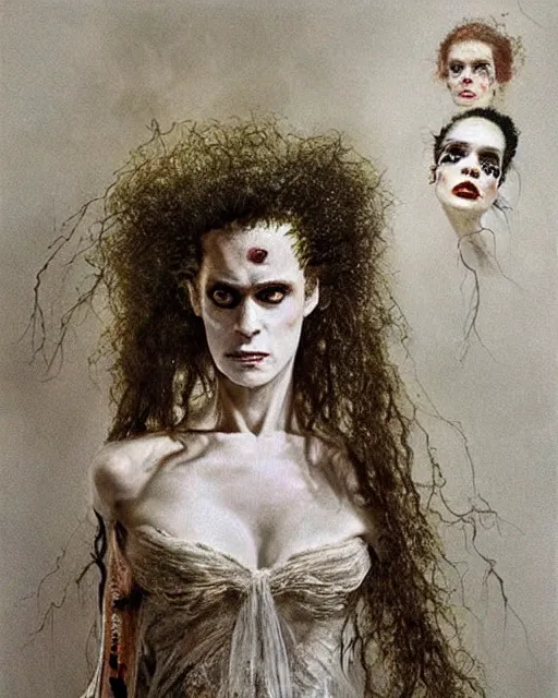 Image similar to a beautiful and eerie baroque painting of a gorgeous bride of frankenstein bleeding in dead space. she has wild, curly hair, freckles and violence in her eyes photographed in the 1 9 7 0 s, by alan lee