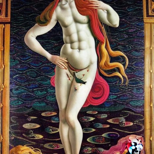 Image similar to the birth of venus gucci versace colorful intense intricate textile chiton himation cloak tunic streetwear cyberpunk modern fashion sandro botticelli