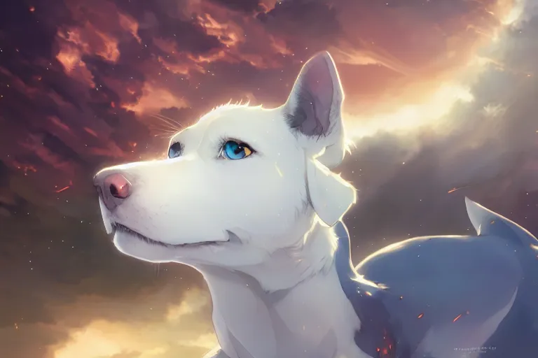 Image similar to blue eyed celestial dog, single subject, scenic full shot, ambient lighting, detailed face, by makoto shinkai, stanley artgerm lau, wlop, rossdraws