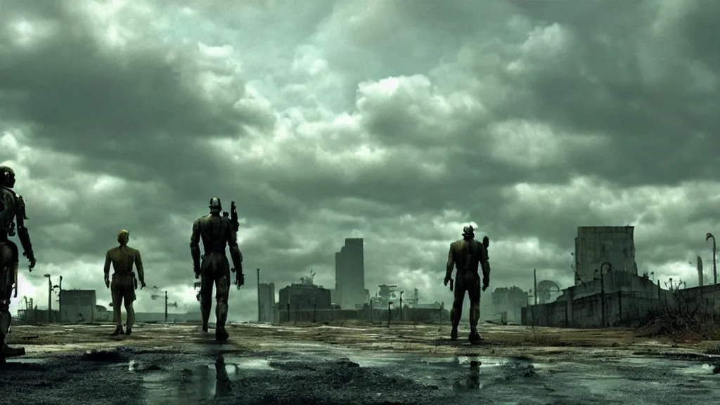 Prompt: fallout 3, film still from the movie directed by Denis Villeneuve with art direction by Salvador Dalí, wide lens