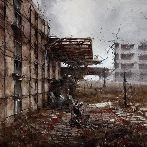 Image similar to painting of a abandoned post soviet town infested with humanoid root monsters by jakub rozalski