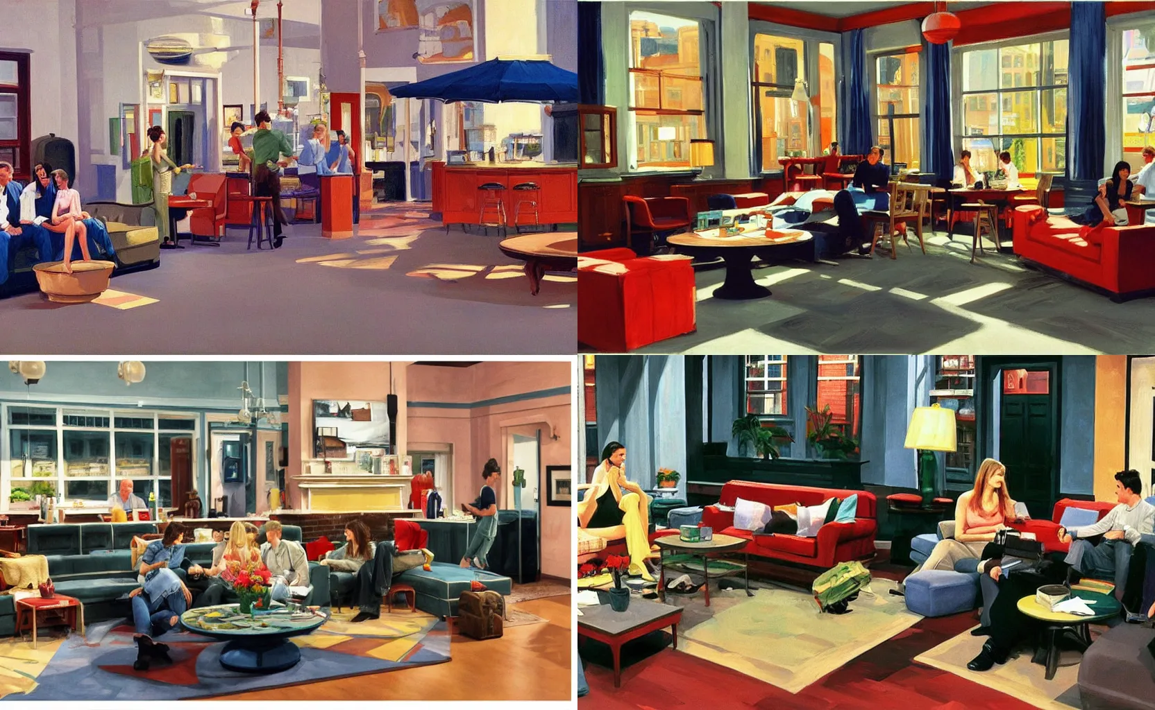 Prompt: the set of Friends, sitcom set, painting by Syd Mead and Edward Hopper