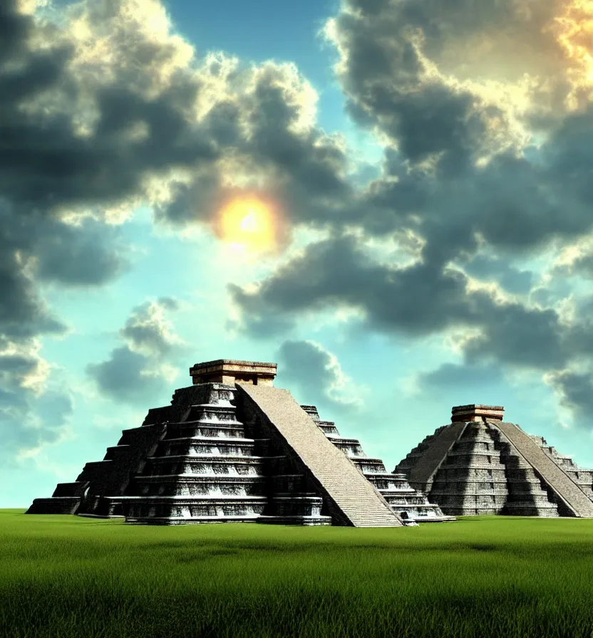 Image similar to environment of multiple detailed complex fractal architecture mayan pyramids in a vast garden wildflower landscape that meets the ocean, by glenn small, by albert bierstadt photorealism, hyper realism, octane render, unreal engine, volumetric light, depth of field, volumetric clouds, god rays, lens flares, detailed, intricate, twin motion, megascan, high resolution, realistic render