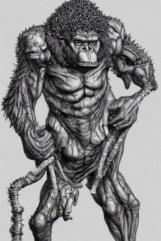 Image similar to humanoid hunched figure troll with 1 horn, ogre, ape, highly detailed, digital art, sharp focus, trending on art station, kentaro miura manga art style