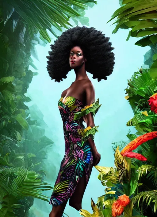 Prompt: ' anthropomorphic black panther woman with a beautiful afro wearing a flowing paper couture dress in vibrant rainforest, paper bananas, paper origami flowers, tropical lighting, 3 d, very detailed, octane render, trending artstation, artgem'