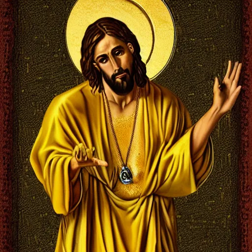 Prompt: jesus as a gangsta, golden chains, golden teeth, making a v with his hand