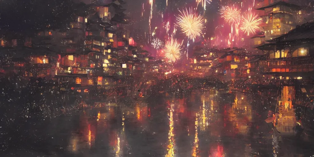 Prompt: anime kyoto animation key by greg rutkowski night, fireworks festival at kamokawa, kimono,