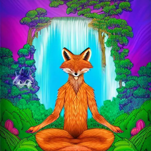Prompt: an anthromorphic fox man meditating in a garden with a waterfall and clouds, by Lisa Frank in a psychedelic style, digital art
