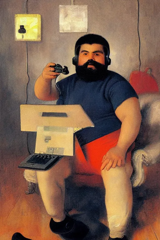 Prompt: portrait of a handsome chubby bearded Hispanic man, wearing headset and T-shirt, holding game controller, glowing with silver light, painting by Franz Marc, by Jean-Léon Gérôme, by Winsor McCay, today's featured photograph, 16K