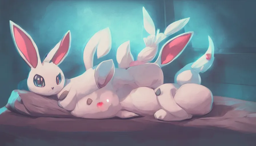 Prompt: a chubby sylveon pokemon sleeping on a couch cushion, slanted lighting from window, dust motes in air, cozy vibe, atmospheric, fine details, artwork by ross tran and ilya kuvshinov