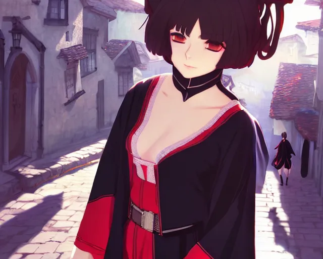 Prompt: ilya kuvshinov key anime visual portrait of a young female in robe walking through a busy medieval village, dynamic pose, dynamic perspective, cinematic, dramatic lighting, detailed silhouette, anime proportions