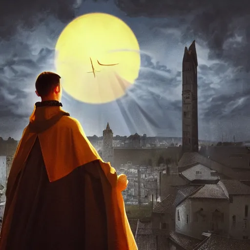 Image similar to A terrified catholic priest in his twenties at the top of a medieval tower watches as an ominous yellow shadow descends upon him from the night sky. He is een from above fervently praying. Dramatic lighting. Award-winning digital art, trending on ArtStation