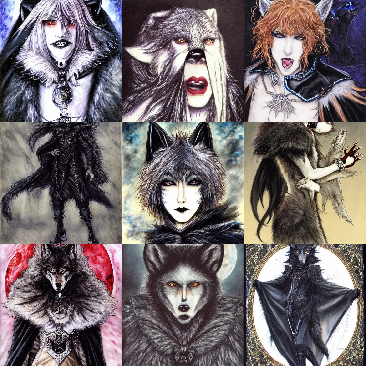 Prompt: a portrait of an anthropomorphic wolf, furry fursona, black cape, goth, long fangs, by ayami kojima