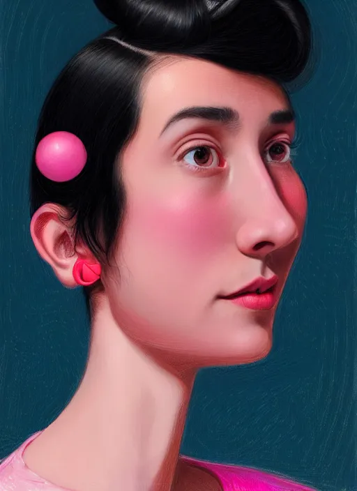 Image similar to portrait of teenage girl, narrow face, black hair, bangs, half updo hairstyle, pointy nose, skinny, smile, unattractive, defined jawline, big chin, pink hair bow, earrings, intricate, elegant, glowing lights, highly detailed, digital painting, artstation, sharp focus, illustration, art by wlop, mars ravelo and greg rutkowski