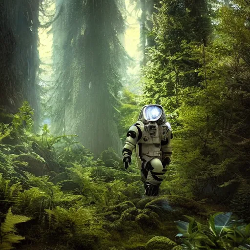 Image similar to prometheus astronaut in the forest with plants environment ,wide angle low, cinematic atmospheric lighthing, octane render, by craig mullin,