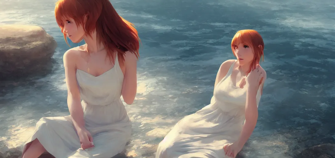 Image similar to southern ginger woman in simple cream dress sitting beside a river, airbrushed, hazy, gentle, soft lighting, wojtek fus, by makoto shinkai and ilya kuvshinov,