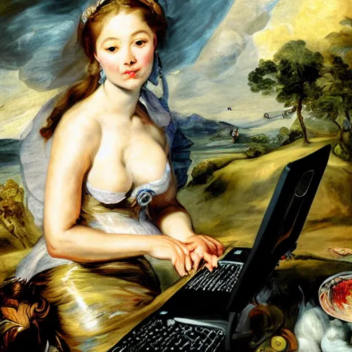 Prompt: heavenly summer sharp land sphere scallop lady working at a computer auslese, by peter paul rubens and eugene delacroix and karol bak, hyperrealism, digital illustration, fauvist