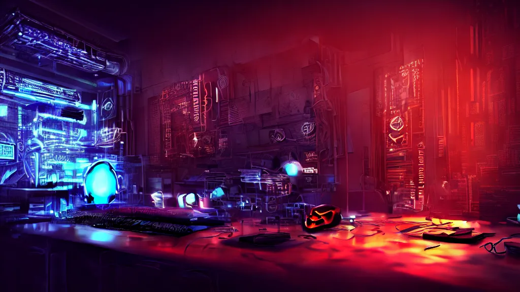 Prompt: a cyberpunk overpowered computer. Overclocking, watercooling, custom computer, cyber, mat black metal, orange neon stripes, alienware, futuristic design, Beautiful dramatic dark moody tones and lighting, Ultra realistic details, cinematic atmosphere, studio lighting, shadows, dark background, dimmed lights, industrial architecture, Octane render, realistic 3D, photorealistic rendering, 8K, 4K, computer setup, highly detailed, desktop computer, desk, table