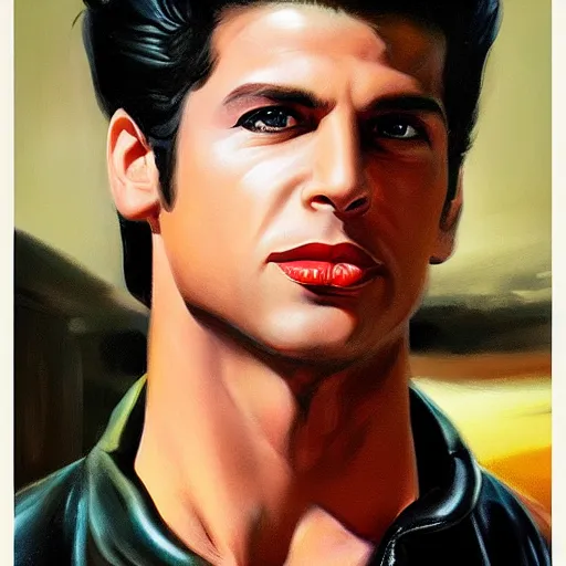 Prompt: ultra realistic portrait painting of pablo igleasias as danny zuko from grease, art by frank frazetta, 4 k, ultra realistic, highly detailed, epic lighting.