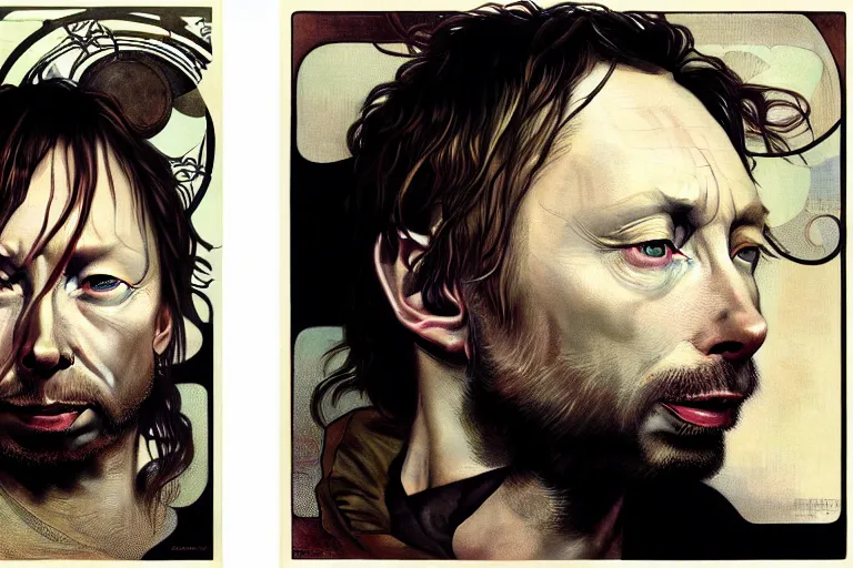 Prompt: hyper realistic portrait of ( ( ( thom yorke ) ) ) singer songwriter, side, liminal space, by lee bermejo, alphonse mucha and greg rutkowski