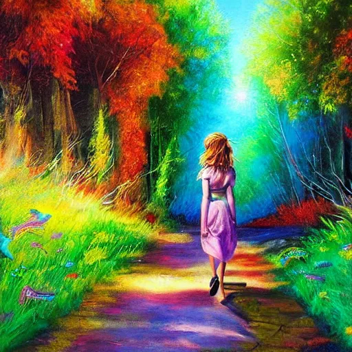 Prompt: A beautiful painting of a girl walking in the colorful magic forest by Jim Warren